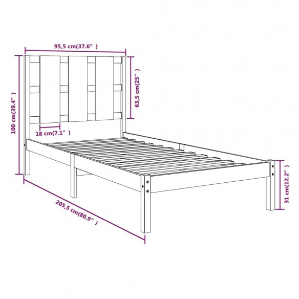 Cadre de lit Blanc Bois de pin massif 90x200 cm