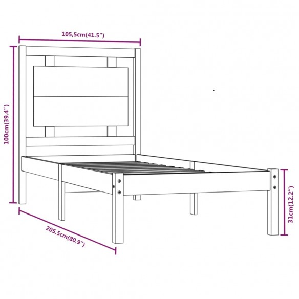 Cadre de lit Gris Bois massif 100x200 cm