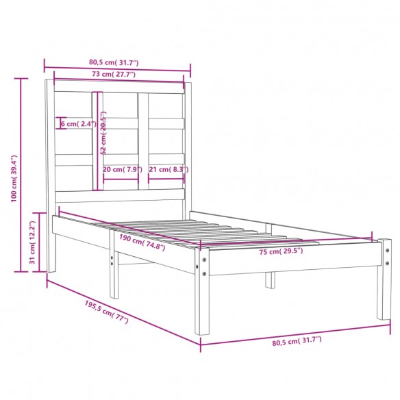 Cadre de lit Noir Bois massif 75x190 cm Petit simple