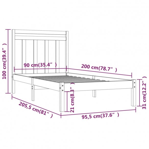 Cadre de lit Gris Bois massif 90x200 cm