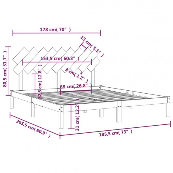 Cadre de lit Gris 180x200 cm Super King Bois massif