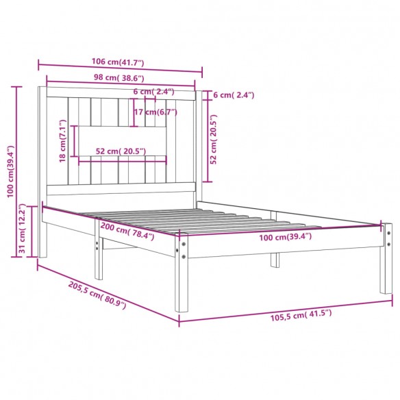 Cadre de lit Bois de pin massif 100x200 cm