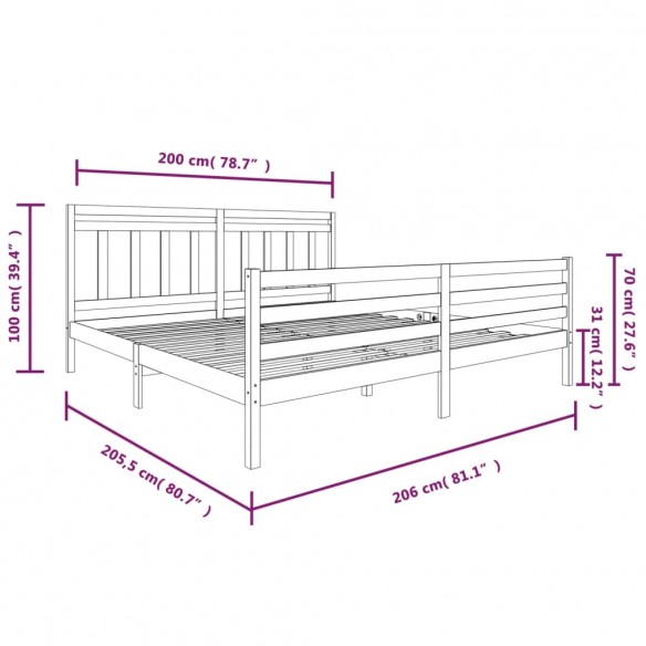 Cadre de lit Gris Bois massif 200x200 cm