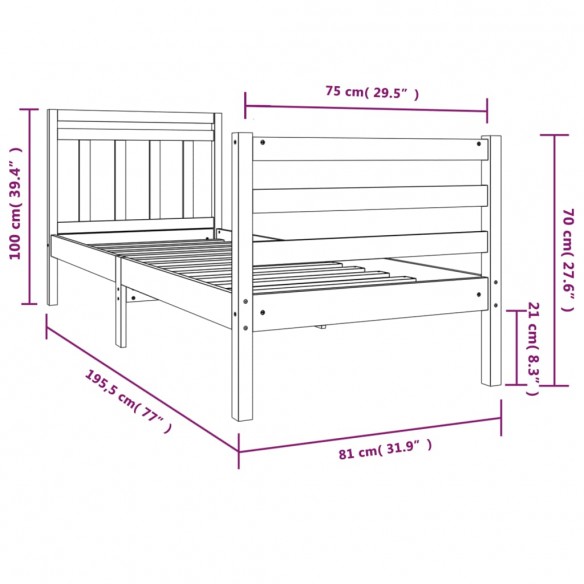 Cadre de lit Blanc Bois massif 75x190 cm Petit simple