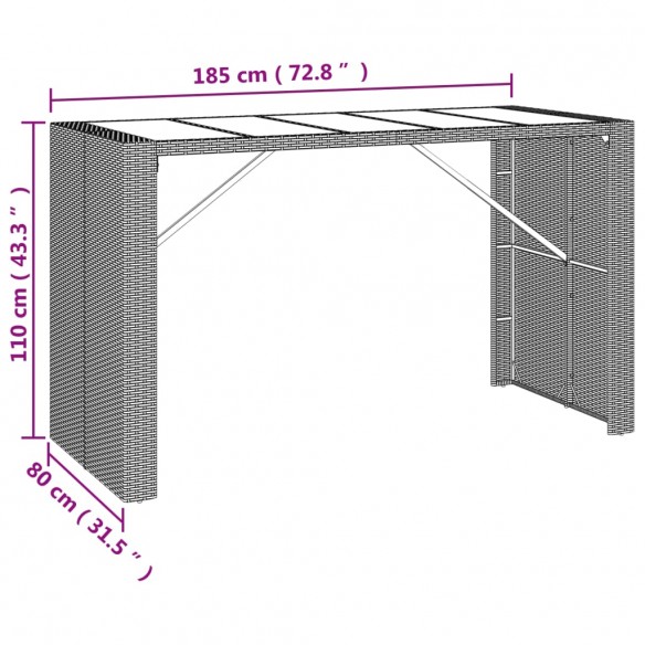 Table de bar et dessus en verre marron 185x80x110 cm poly rotin