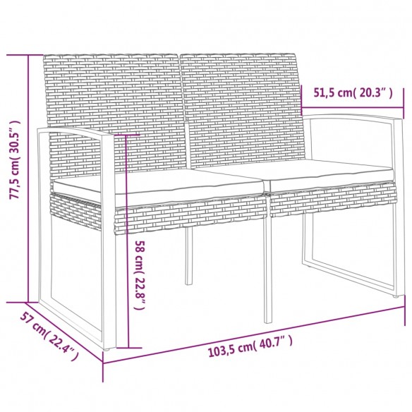 Banc de jardin à 2 places et coussins gris foncé PP rotin