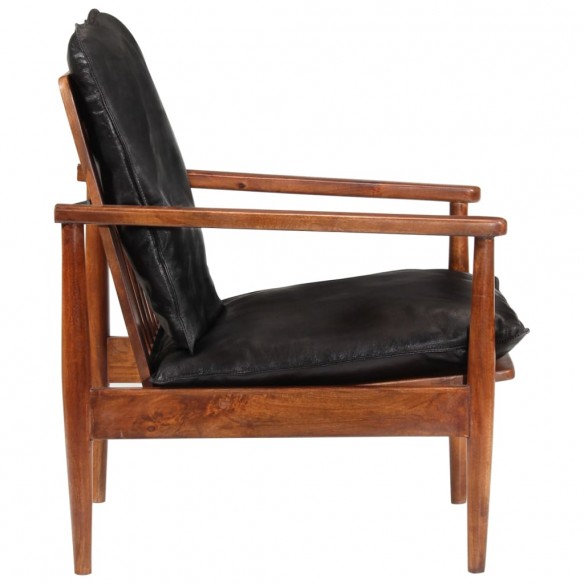 Fauteuil noir cuir véritable et bois d'acacia solide