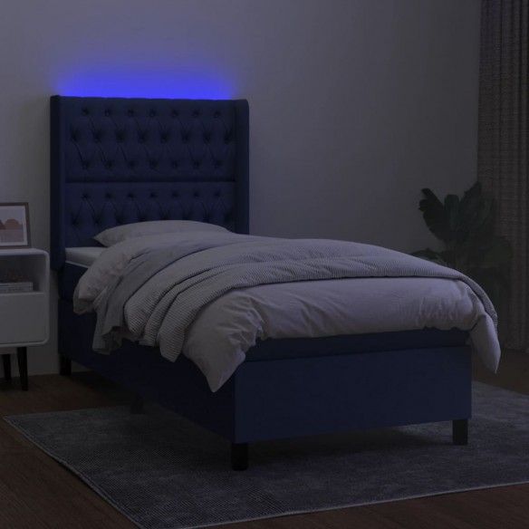 Sommier à lattes de lit matelas et LED Bleu 90x190 cm Tissu