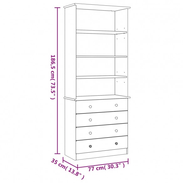 Bibliothèque tiroirs ALTA blanc 77x35x186,5cm bois massif pin