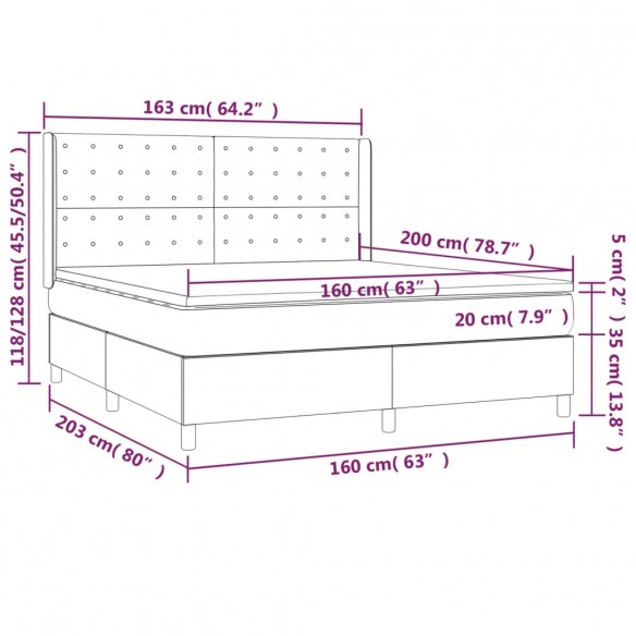 Cadre de lit et matelas Gris foncé 160x200cm Velours