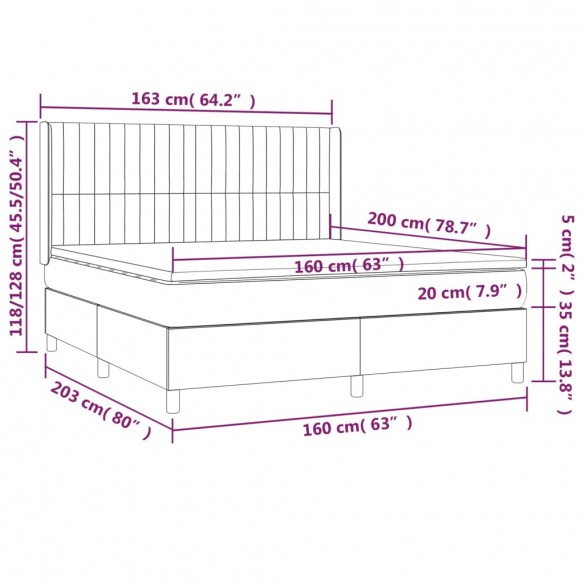 Cadre de lit et matelas Gris clair 160x200cm Velours