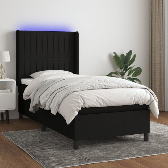 Sommier à lattes de lit matelas et LED Noir 90x200 cm Tissu