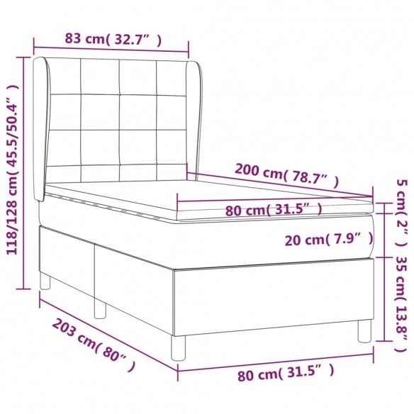 Cadre de lit avec matelas Gris clair 80x200 cm Tissu