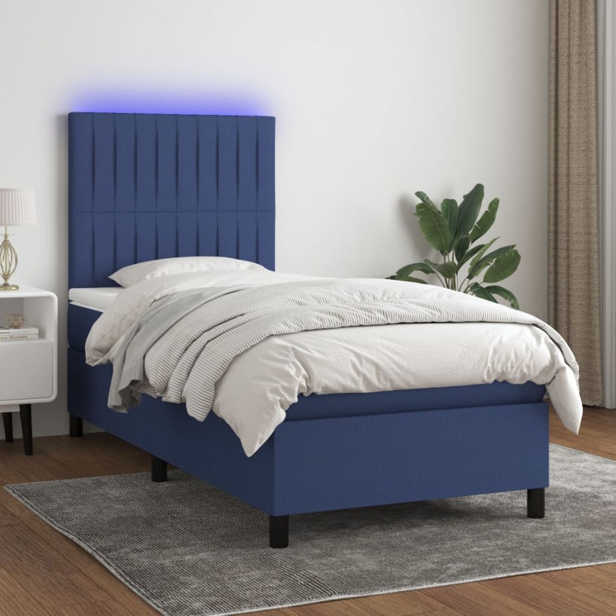 Sommier à lattes de lit avec matelas et LED Bleu 90x190cm Tissu