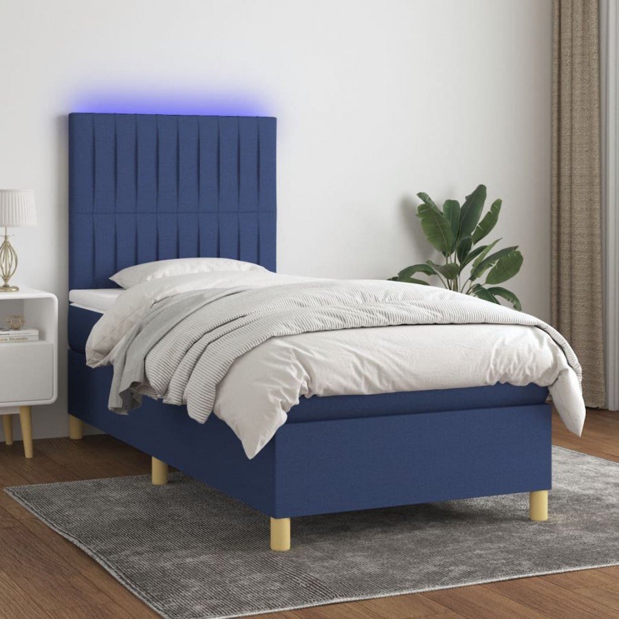 Sommier à lattes de lit et matelas et LED Bleu 90x200 cm Tissu