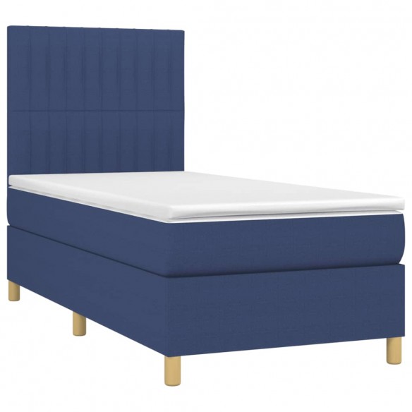 Sommier à lattes de lit et matelas et LED Bleu 90x200 cm Tissu