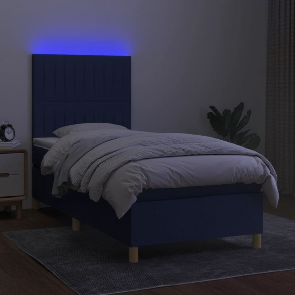 Sommier à lattes de lit et matelas et LED Bleu 90x200 cm Tissu