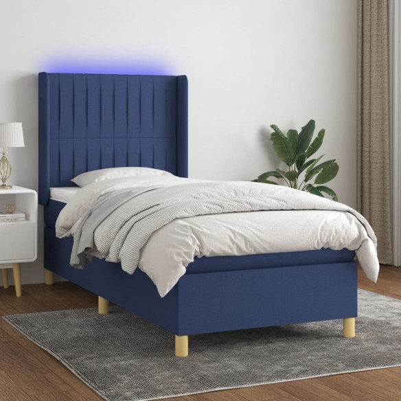 Sommier à lattes de lit matelas et LED Bleu 90x190 cm Tissu