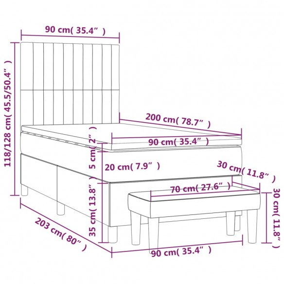 Cadre de lit et matelas Gris clair 90x200 cm Velours