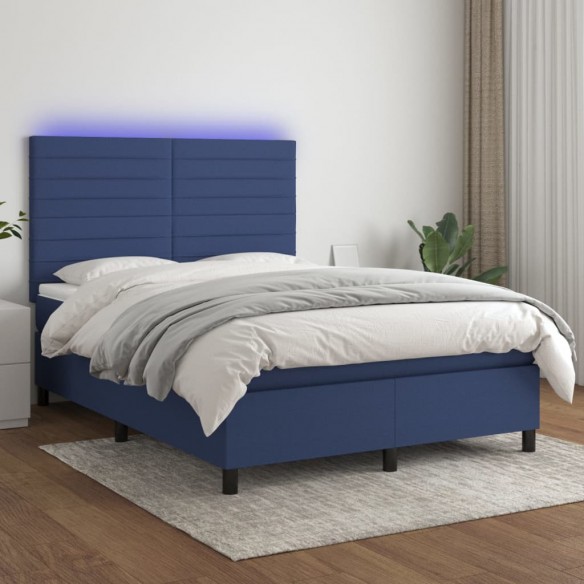 Sommier à lattes de lit et matelas et LED Bleu 140x200 cm Tissu