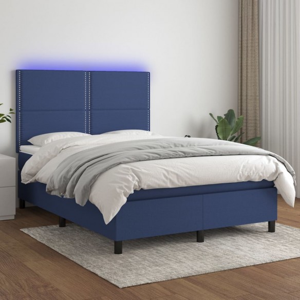 Sommier à lattes de lit et matelas et LED Bleu 140x190 cm Tissu