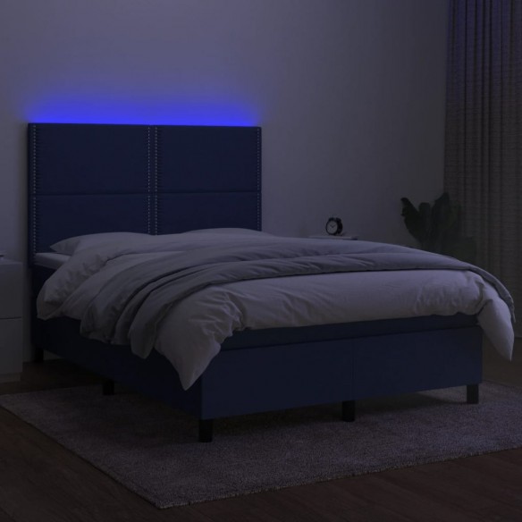 Sommier à lattes de lit et matelas et LED Bleu 140x190 cm Tissu