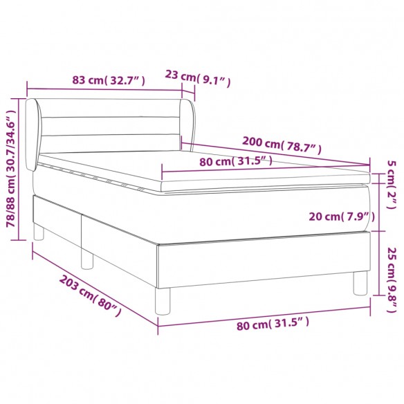 Cadre de lit avec matelas Crème 80x200 cm Tissu