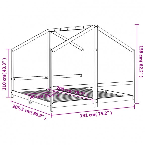 Cadre de lit d'enfant blanc 2x(90x200) cm bois de pin massif