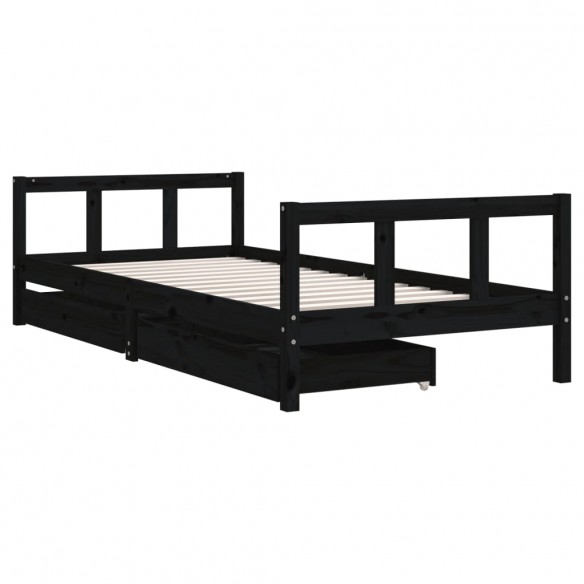 Cadre de lit enfant avec tiroirs noir 90x200 cm bois pin massif