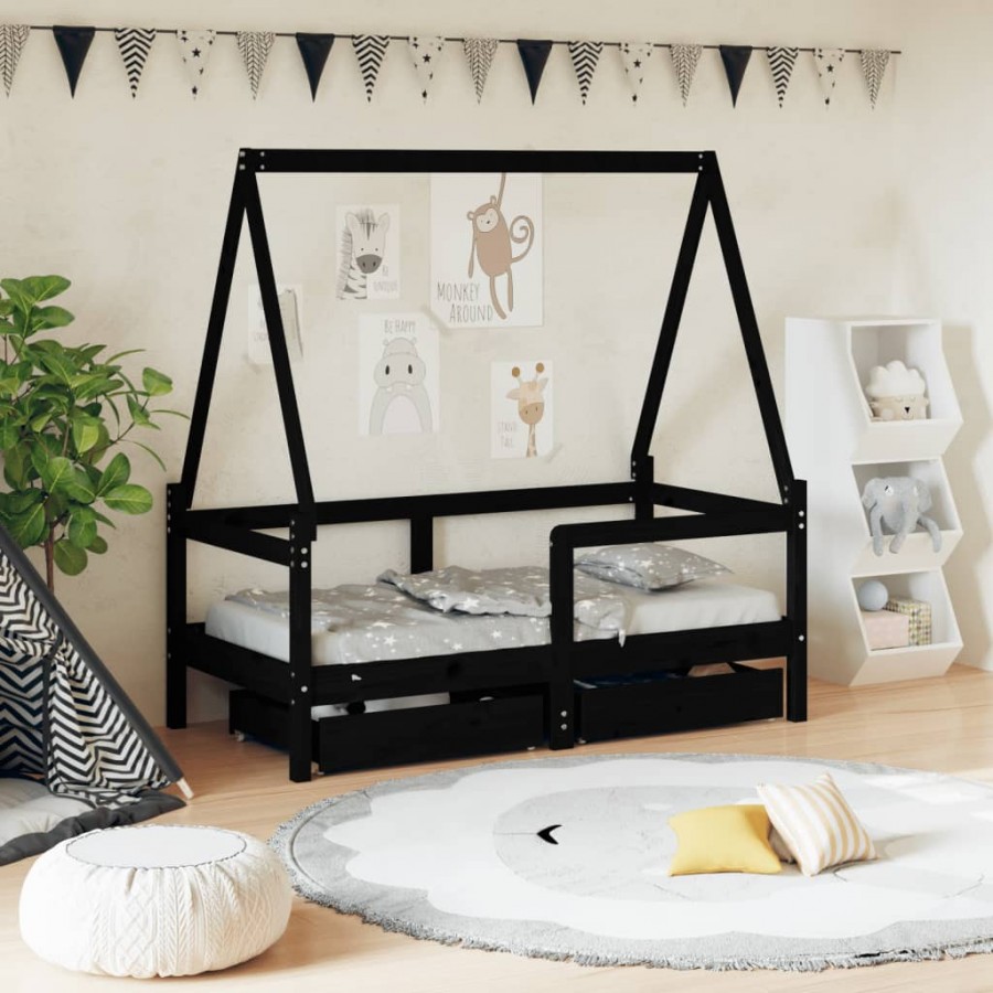 Cadre de lit enfant avec tiroirs noir 70x140 cm bois pin massif