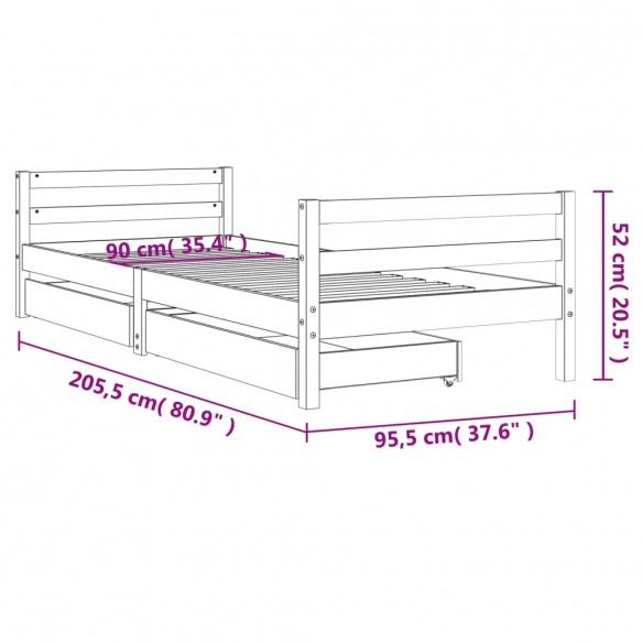 Cadre de lit enfant avec tiroirs 90x200 cm bois de pin massif