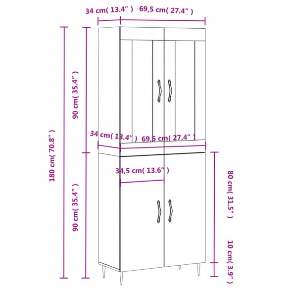 Buffet haut Chêne fumé 69,5x34x180 cm Bois d'ingénierie