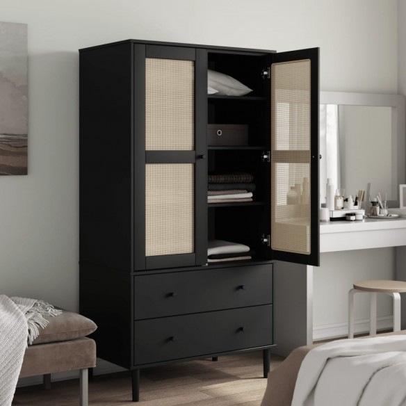 Garde-robe SENJA aspect rotin noir 90x55x175 cm bois massif pin