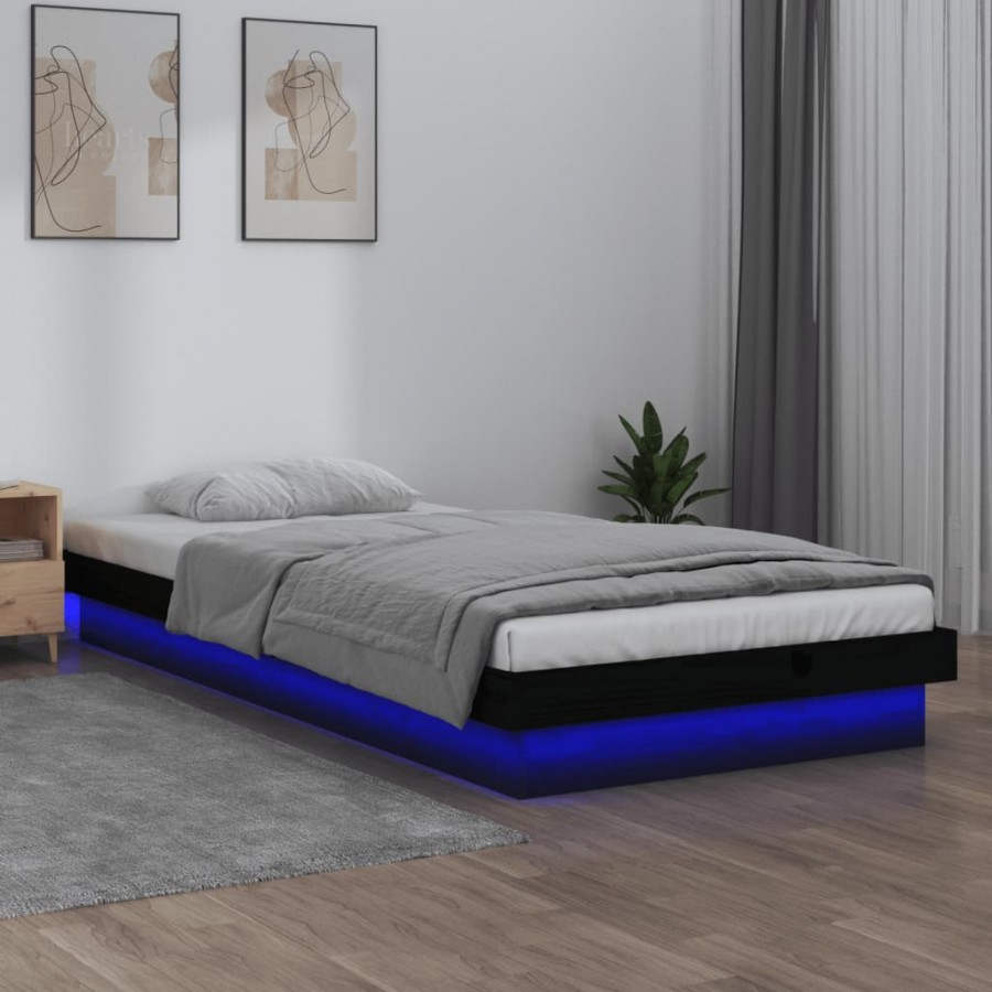 Cadre de lit à LED noir 100x200 cm bois massif