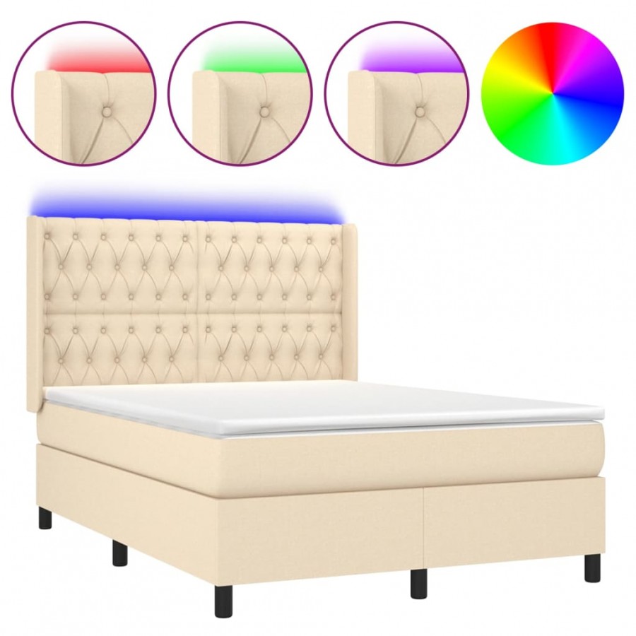 Sommier à lattes de lit matelas et LED Crème 140x190 cm Tissu