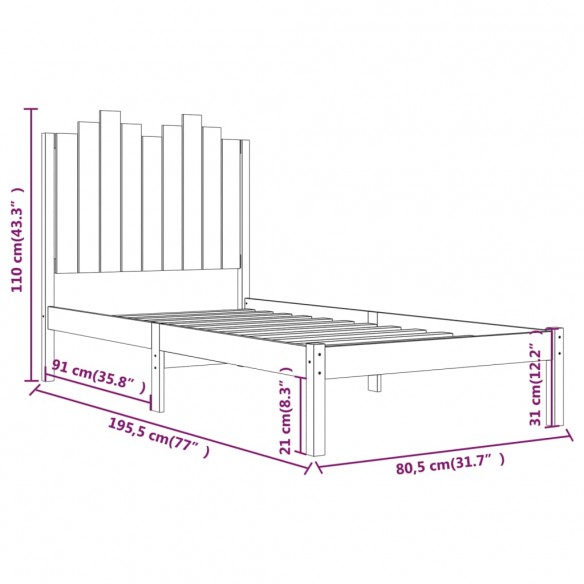 Cadre de lit Blanc Bois de pin massif 75x190 cm Petit simple