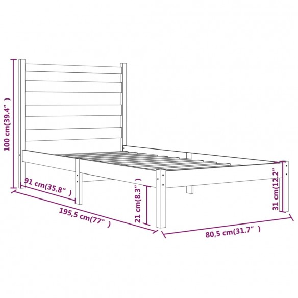 Cadre de lit Blanc Bois de pin massif 75x190 cm Petit simple