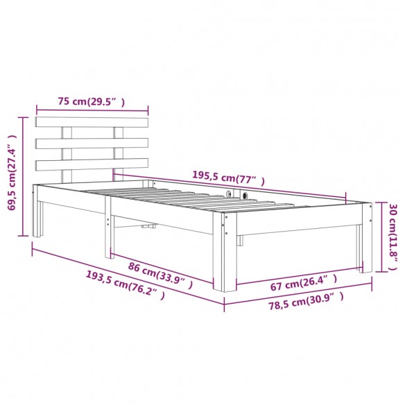 Cadre de lit bois massif 75x190 cm petit simple