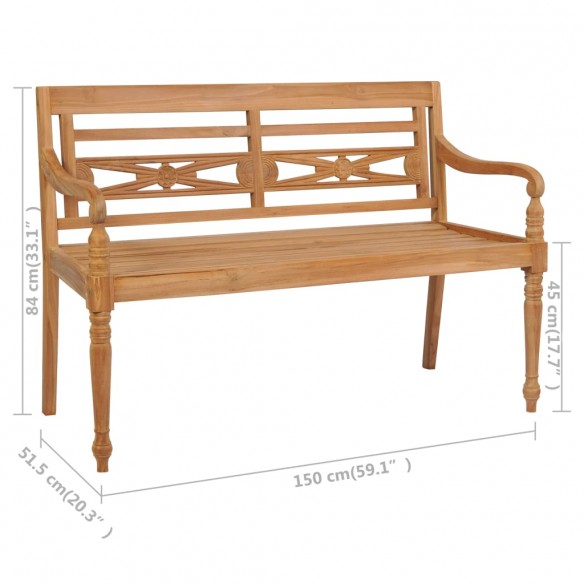 Banc Batavia avec coussin beige 150 cm Bois de teck massif