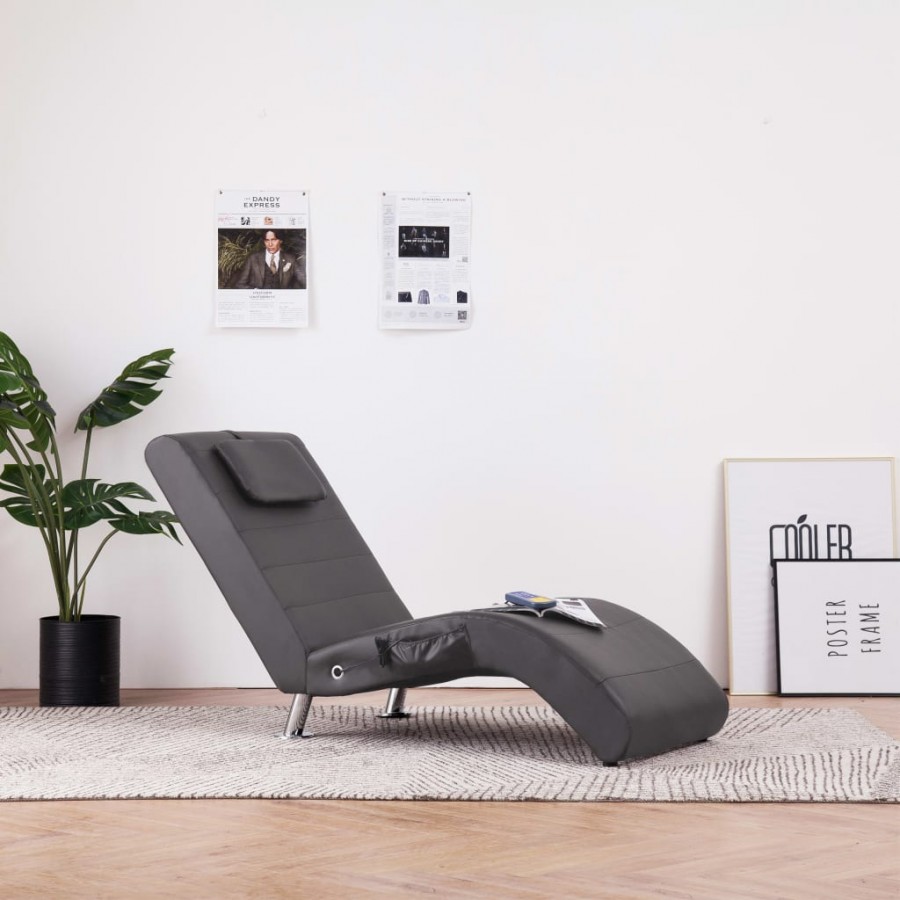 Chaise longue de massage avec oreiller gris similicuir