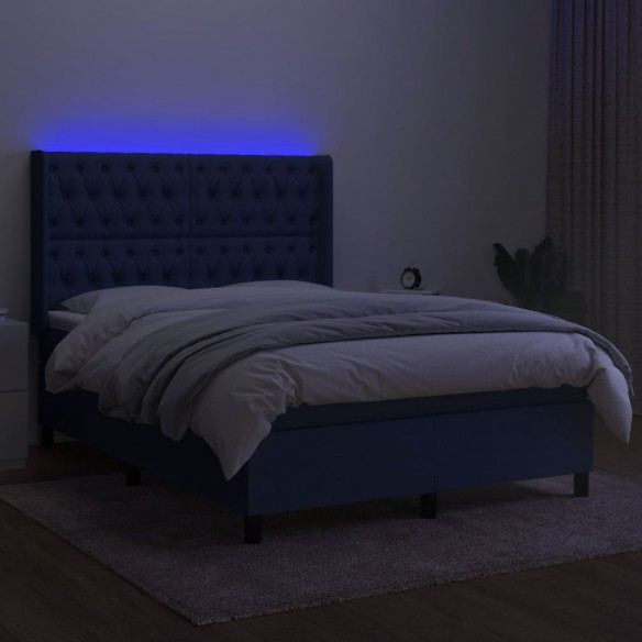 Cadre de lit matelas et LED Bleu 140x200 cm Tissu