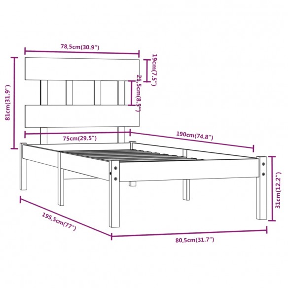 Cadre de lit Blanc Bois massif 75x190 cm Petit simple