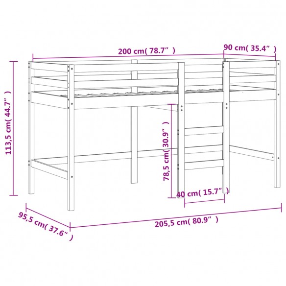 Lit mezzanine enfants échelle 90x200 cm bois pin massif