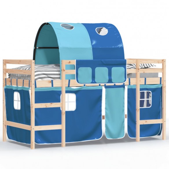 Lit mezzanine enfants avec tunnel bleu 90x200cm bois pin massif