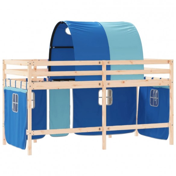 Lit mezzanine enfants avec tunnel bleu 90x200cm bois pin massif