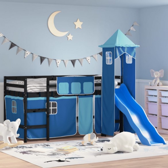 Lit mezzanine enfants avec tour bleu 90x200 cm bois pin massif