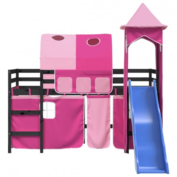 Lit mezzanine enfants avec tour rose 80x200cm bois pin massif