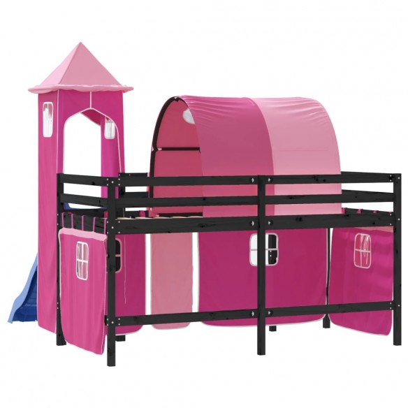 Lit mezzanine enfants avec tour rose 80x200cm bois pin massif