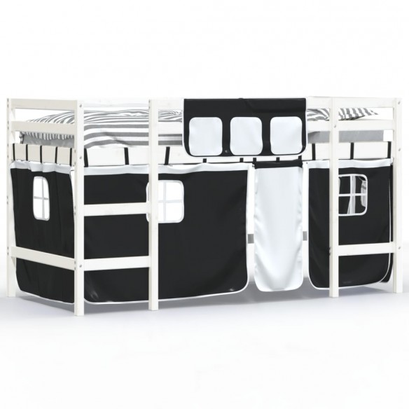 Lit mezzanine enfants et rideaux blanc/noir 90x200cm pin massif