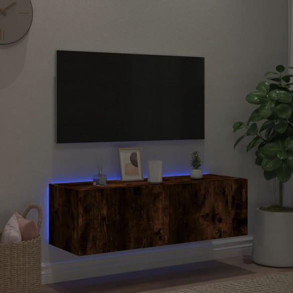 Meuble TV mural avec lumières LED chêne fumé 100x35x31 cm